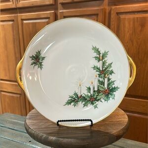 Tirschenreuth Noel Holiday Serving Platter Candles & Holly Gold Handles 10.5”